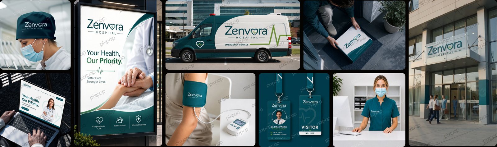 Zenvora Hospital branding case study collage by Pixpop Studio