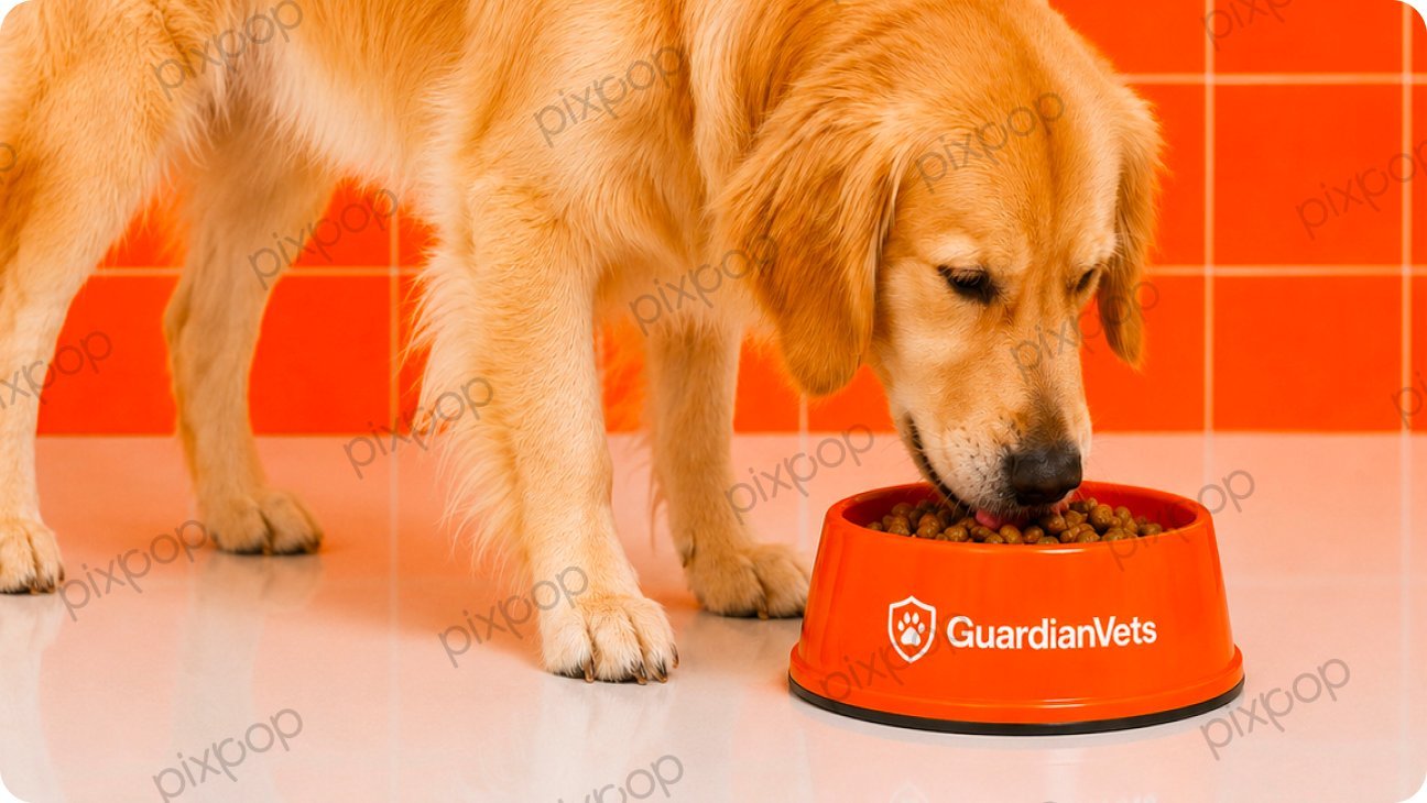 Golden retriever eating from a GuardianVets branded bowl
