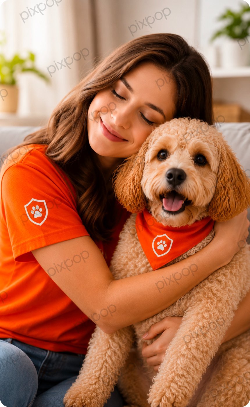 Woman in a GuardianVets tee hugging a poodle